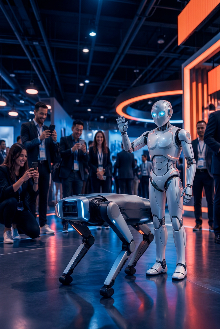 Humanoid robot waving next to a robot dog among exhibition visitors